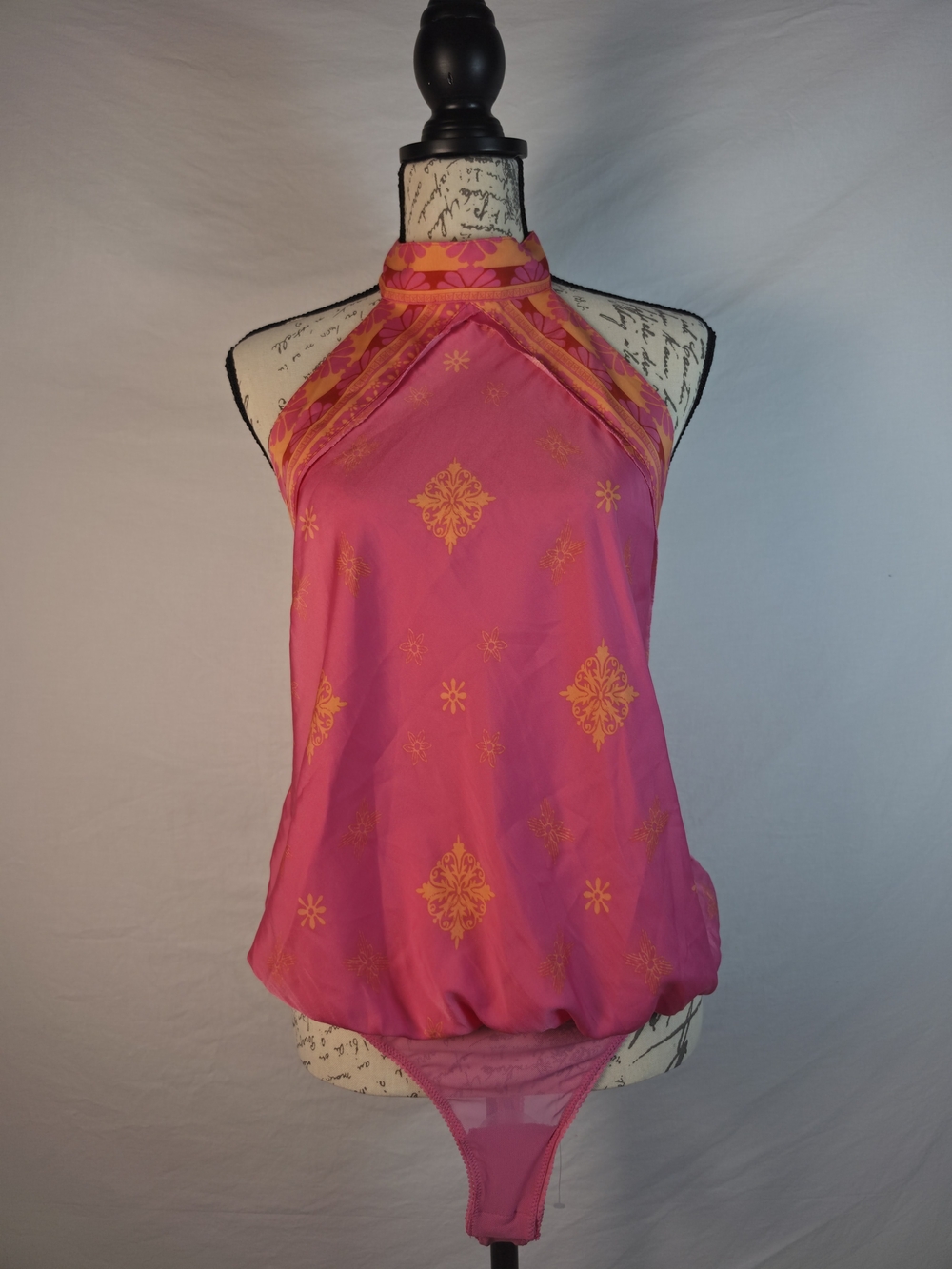 Intimately Free People Talk Back Floral Halter Bodysuit Pink Orange - XL